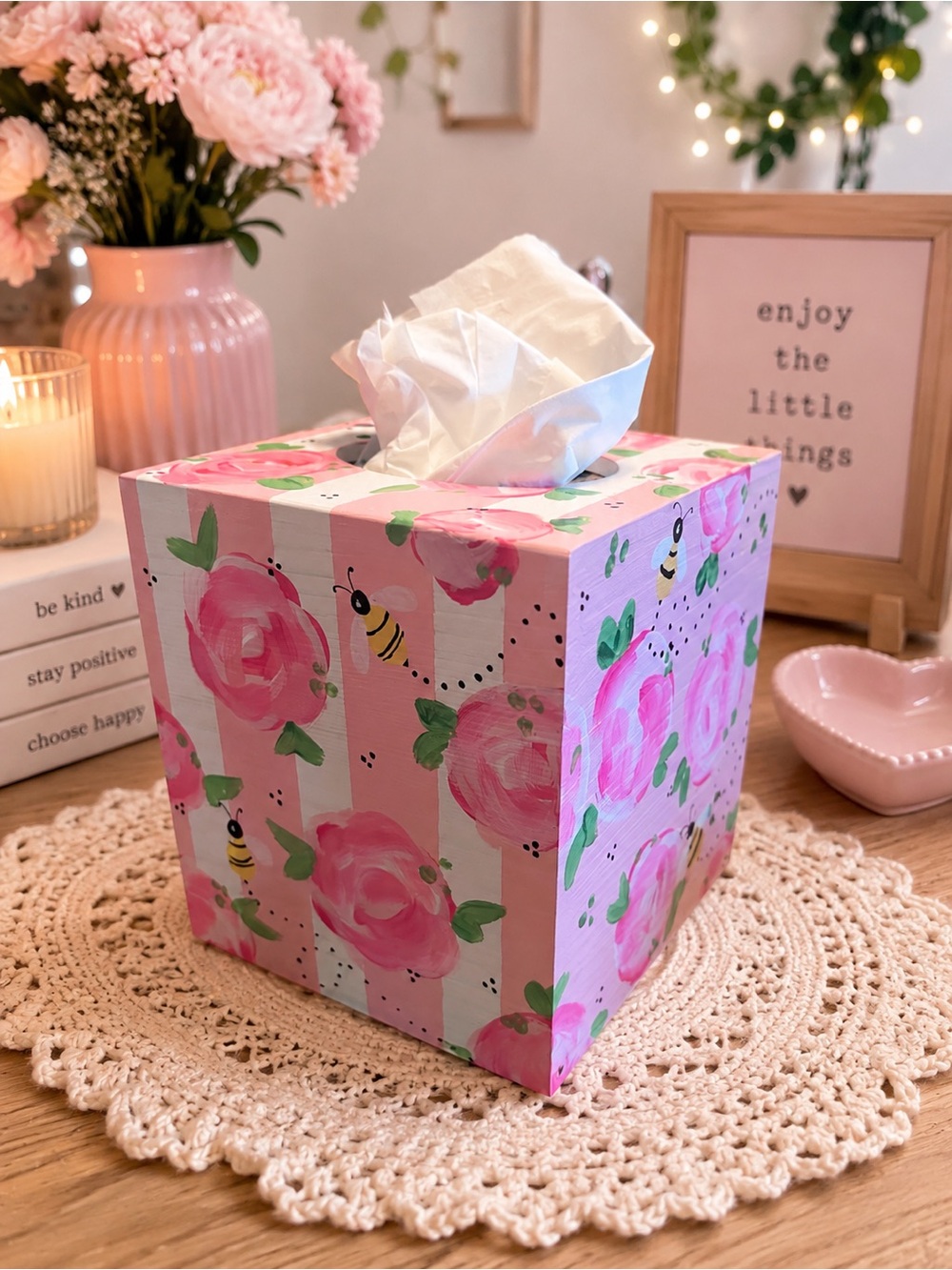 Pink Floral Decorative Tissue Box Cover - Charming Bee Design - Hand Painted